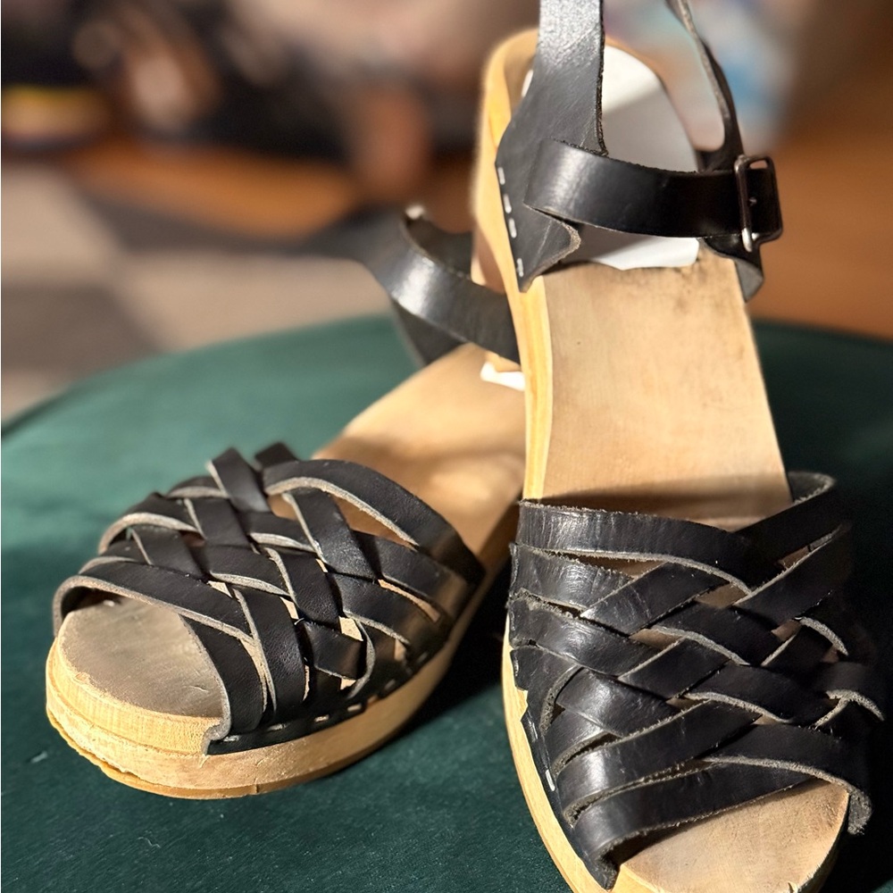 🖤 Swedish Hasbeens 🖤 Black Woven Leather Wooden Sandals Clogs 39 8 1/2 🇸🇪🇸🇪🇸🇪